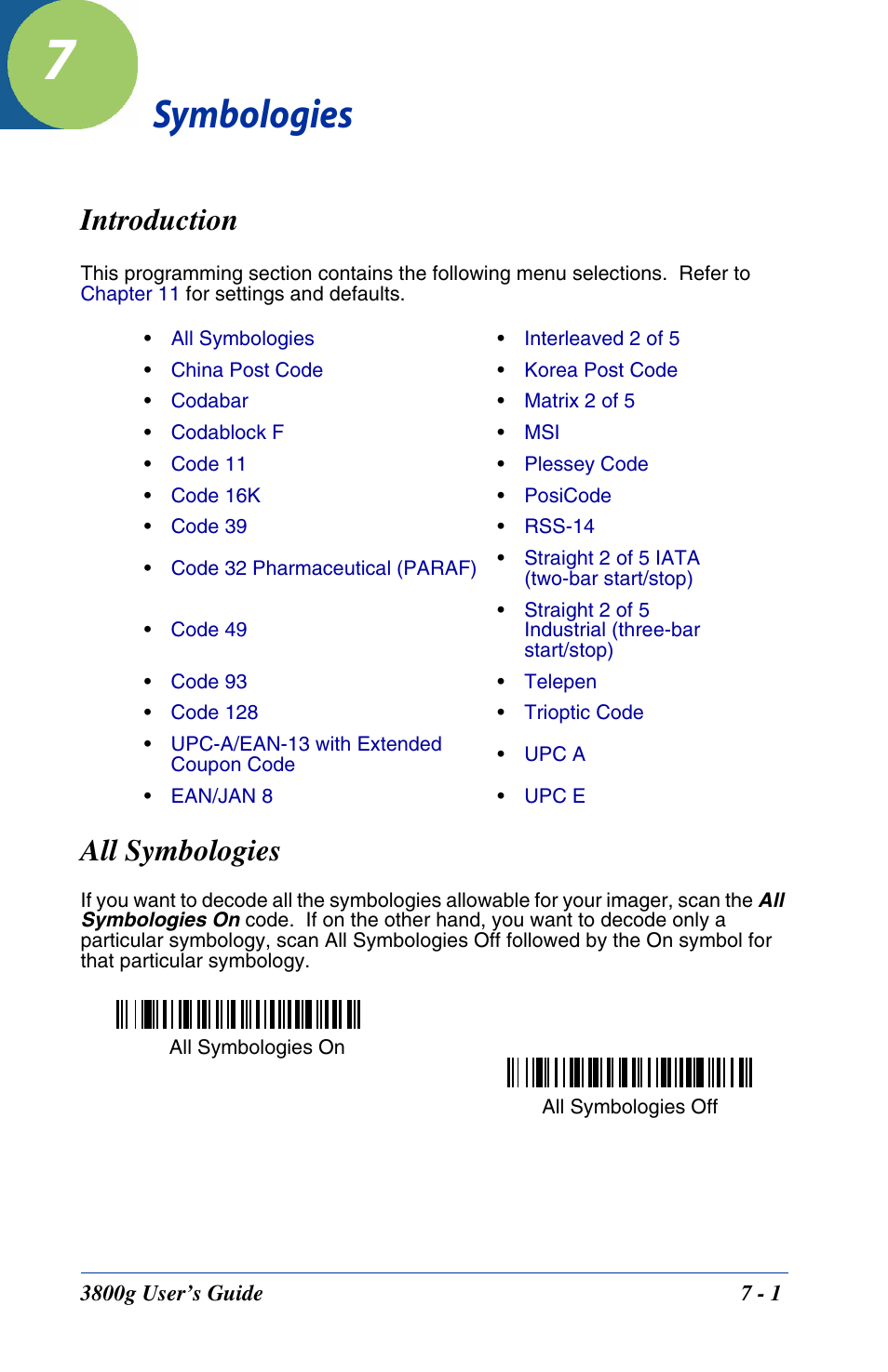 Symbologies, Introduction, Chapter 7 - symbologies | Introduction -1, All symbologies | Hand Held Products HANDHELD 3800G User Manual | Page 61 / 144