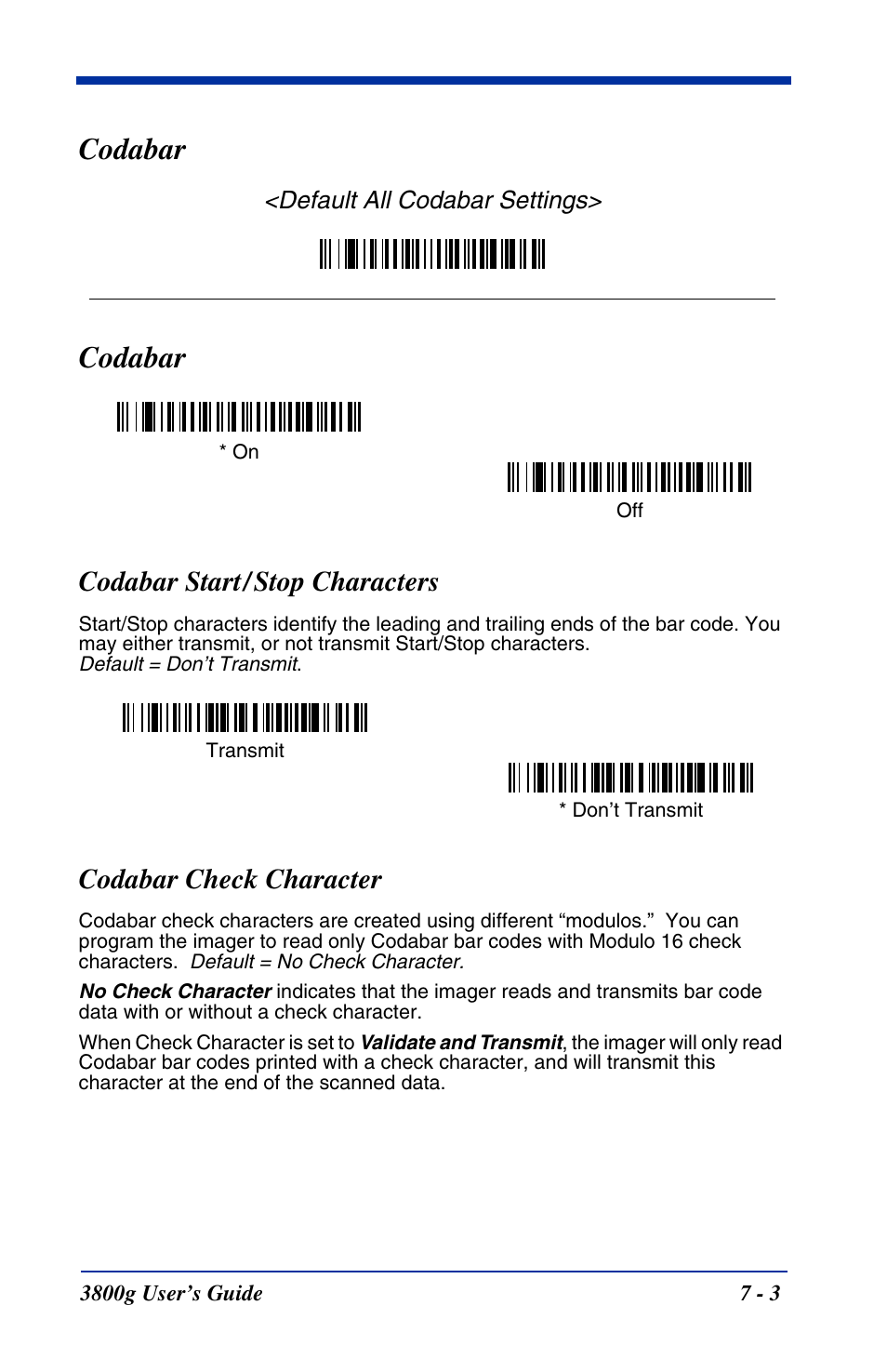 Codabar, Codabar start / stop characters, Codabar check character | Codabar -3, Codabar start/stop characters, Default all codabar settings | Hand Held Products HANDHELD 3800G User Manual | Page 63 / 144