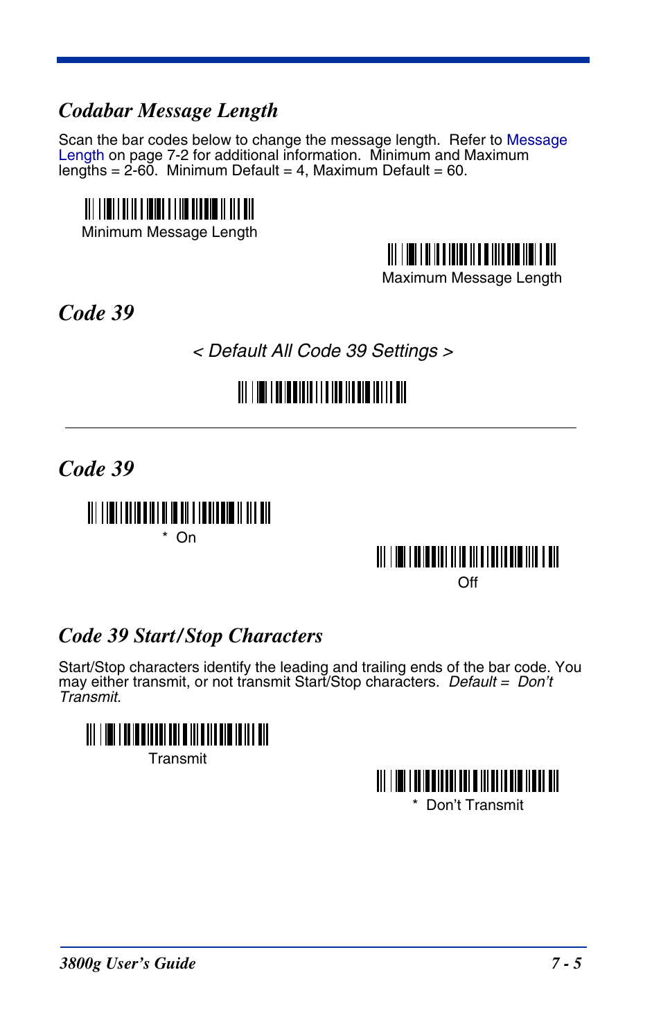 Codabar message length, Code 39, Code 39 start / stop characters | Codabar message length -5, Code 39 -5, Code 39 start/stop characters -5, Code 39 start/stop characters, Default all code 39 settings | Hand Held Products HANDHELD 3800G User Manual | Page 65 / 144