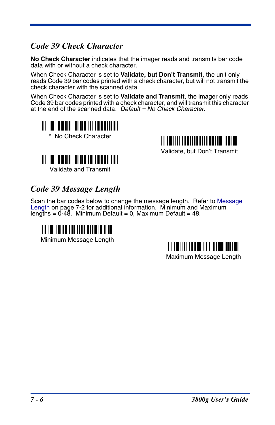 Code 39 check character, Code 39 message length | Hand Held Products HANDHELD 3800G User Manual | Page 66 / 144