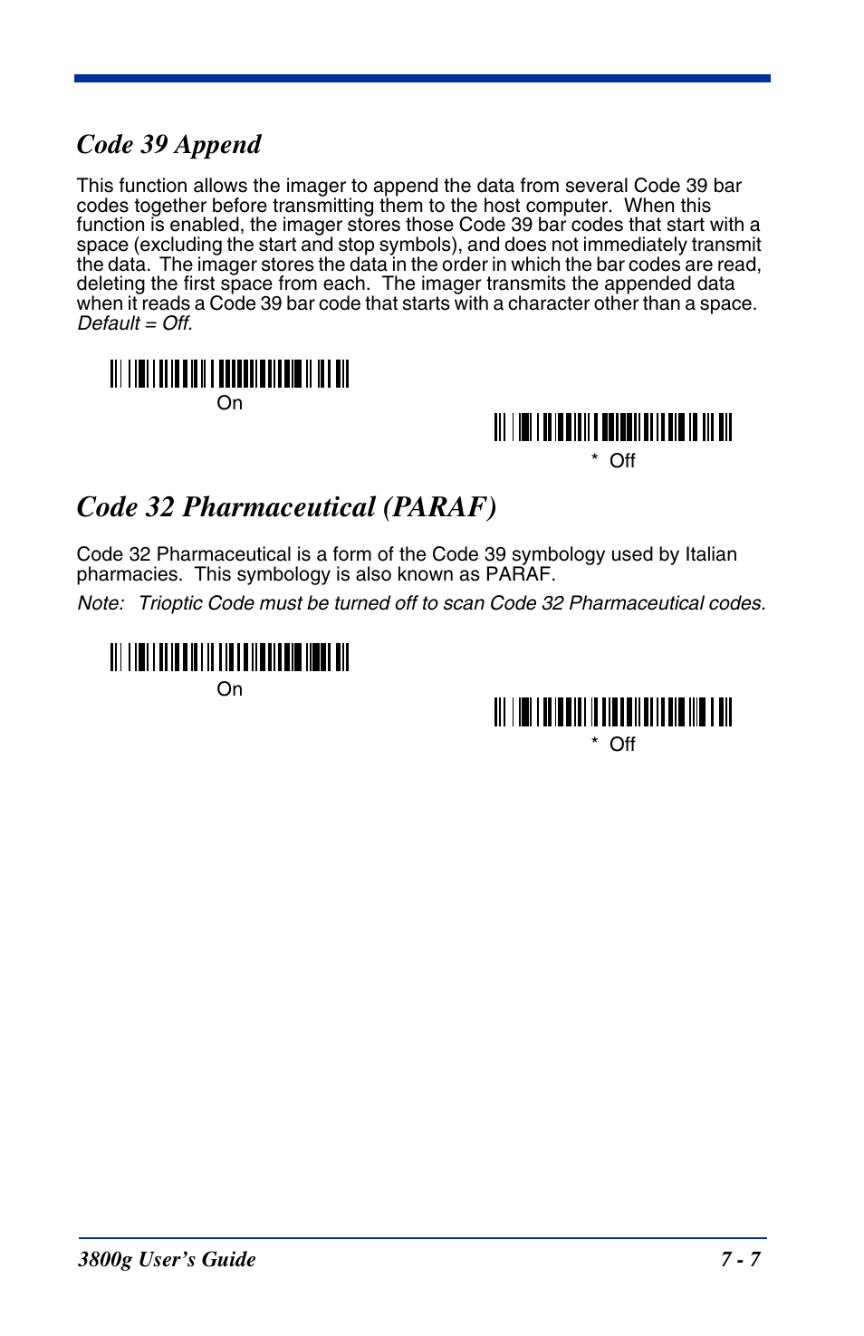 Code 39 append, Code 39 append -7, Code 32 pharmaceutical (paraf) | Hand Held Products HANDHELD 3800G User Manual | Page 67 / 144
