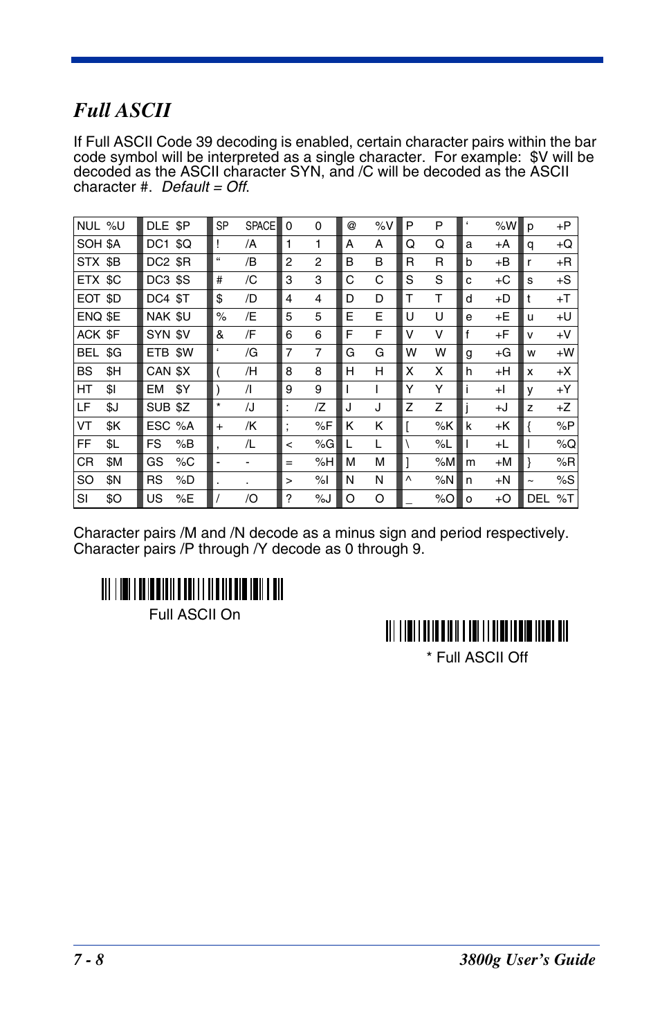 Full ascii, Full ascii -8, Default = off | Full ascii off full ascii on | Hand Held Products HANDHELD 3800G User Manual | Page 68 / 144