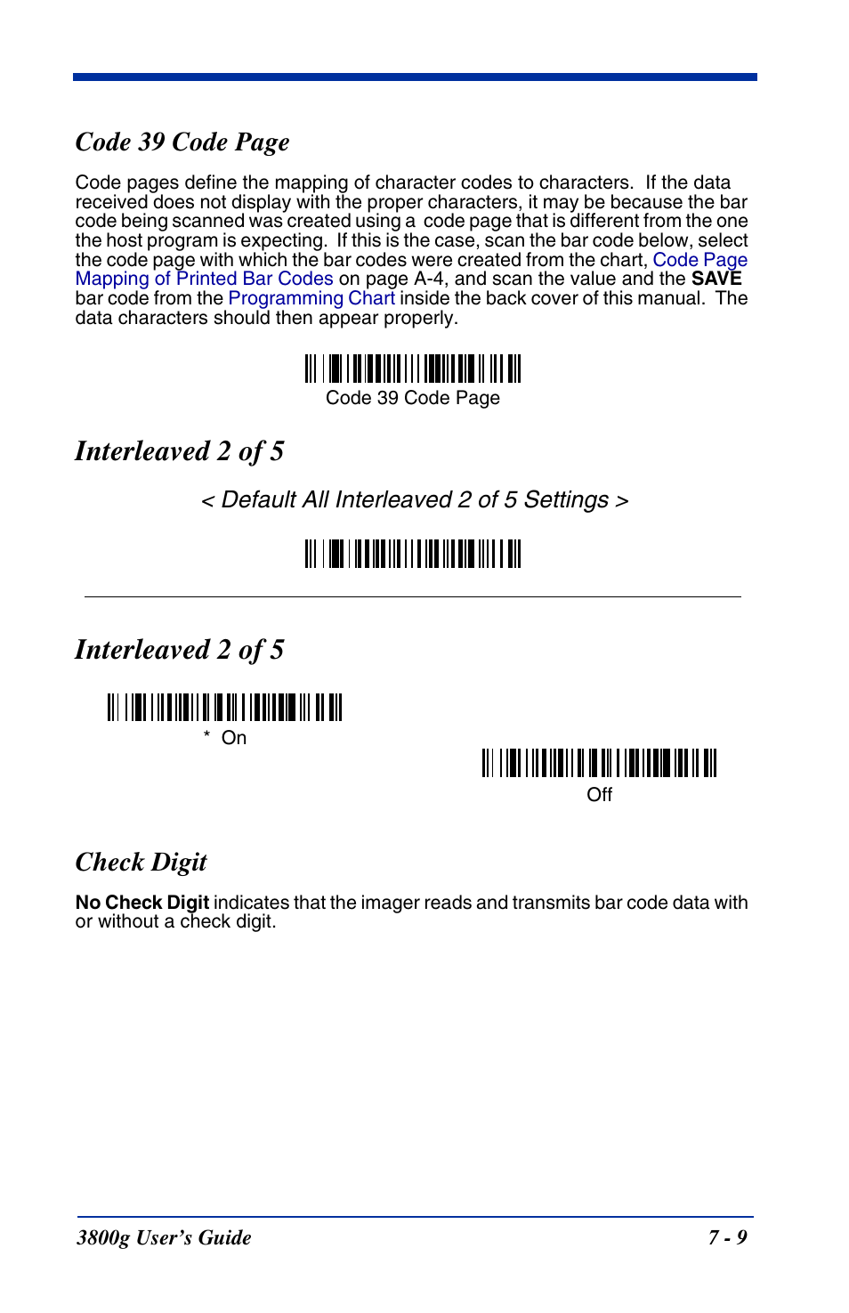 Interleaved 2 of 5, Check digit, Interleaved 2 of 5 -9 | Check digit -9, Code 39 code page | Hand Held Products HANDHELD 3800G User Manual | Page 69 / 144