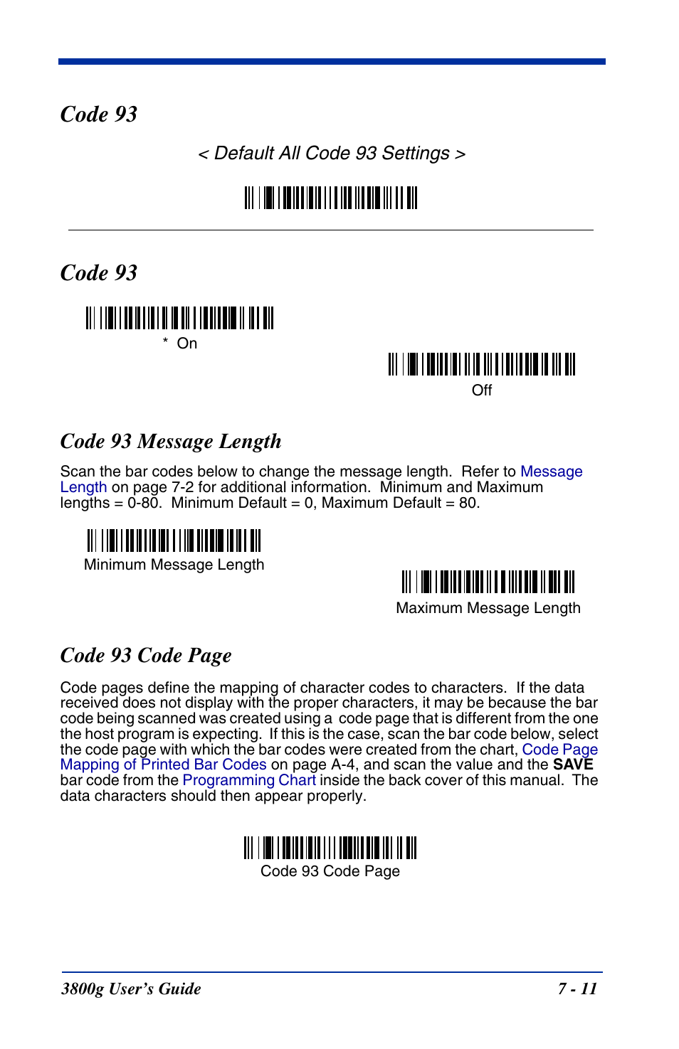 Code 93, Code 93 message length, Code 93 -11 | Code 93 code page, Default all code 93 settings | Hand Held Products HANDHELD 3800G User Manual | Page 71 / 144