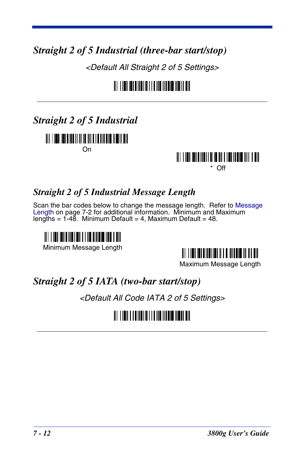 Straight 2 of 5 industrial, Straight 2 of 5 industrial message length, Straight 2 of 5 industrial -12 | Straight 2 of 5 industrial message length -12, Straight 2 of 5 iata (two-bar start/stop), Straight 2 of 5 industrial (three-bar start/stop) | Hand Held Products HANDHELD 3800G User Manual | Page 72 / 144