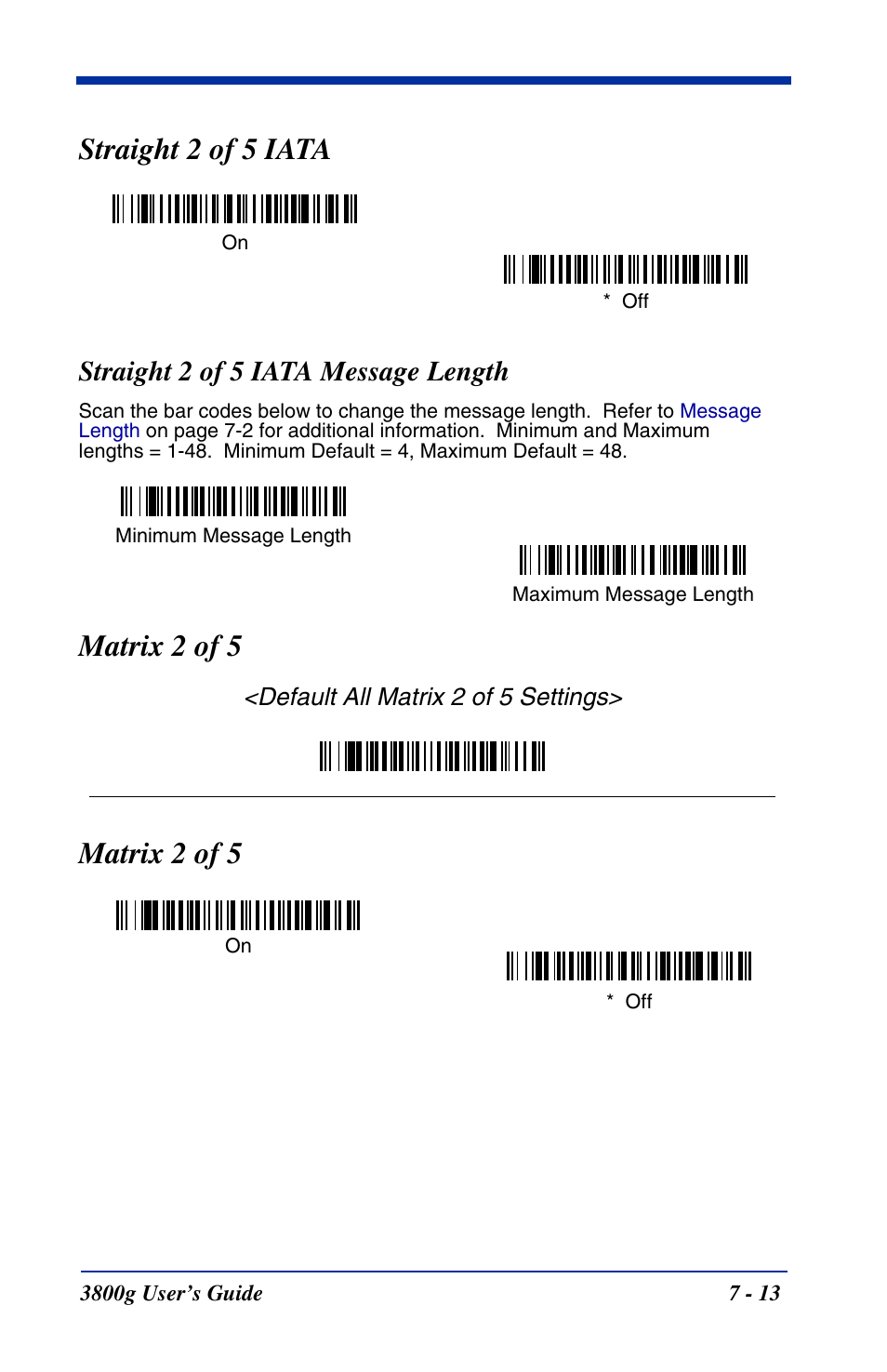 Straight 2 of 5 iata message length, Matrix 2 of 5, Straight 2 of 5 iata message length -13 | Matrix 2 of 5 -13, Straight 2 of 5 iata | Hand Held Products HANDHELD 3800G User Manual | Page 73 / 144