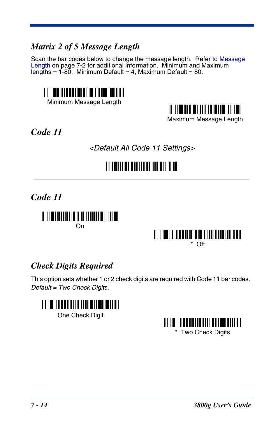 Matrix 2 of 5 message length, Code 11, Check digits required | Matrix 2 of 5 message length -14, Code 11 -14, Check digits required -14 | Hand Held Products HANDHELD 3800G User Manual | Page 74 / 144