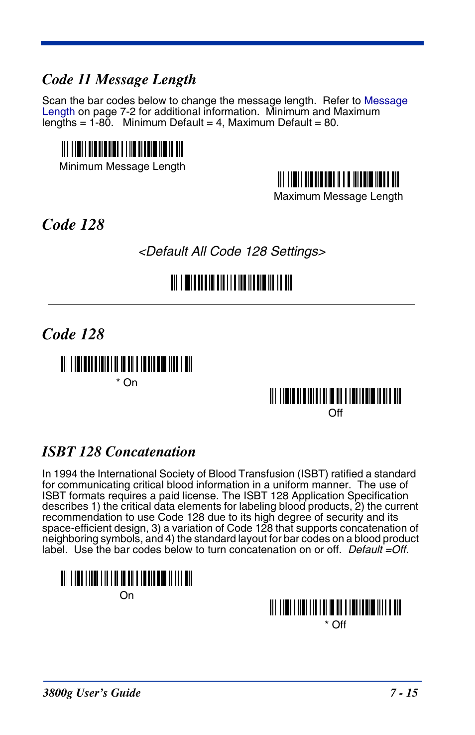 Code 11 message length, Code 128, Isbt 128 concatenation | Code 11 message length -15, Code 128 -15, Isbt 128 concatenation -15 | Hand Held Products HANDHELD 3800G User Manual | Page 75 / 144