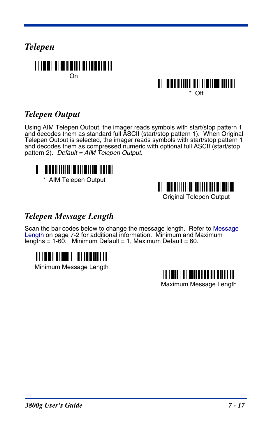 Telepen, Telepen output, Telepen message length | Telepen -17, Telepen output -17 telepen message length -17 | Hand Held Products HANDHELD 3800G User Manual | Page 77 / 144