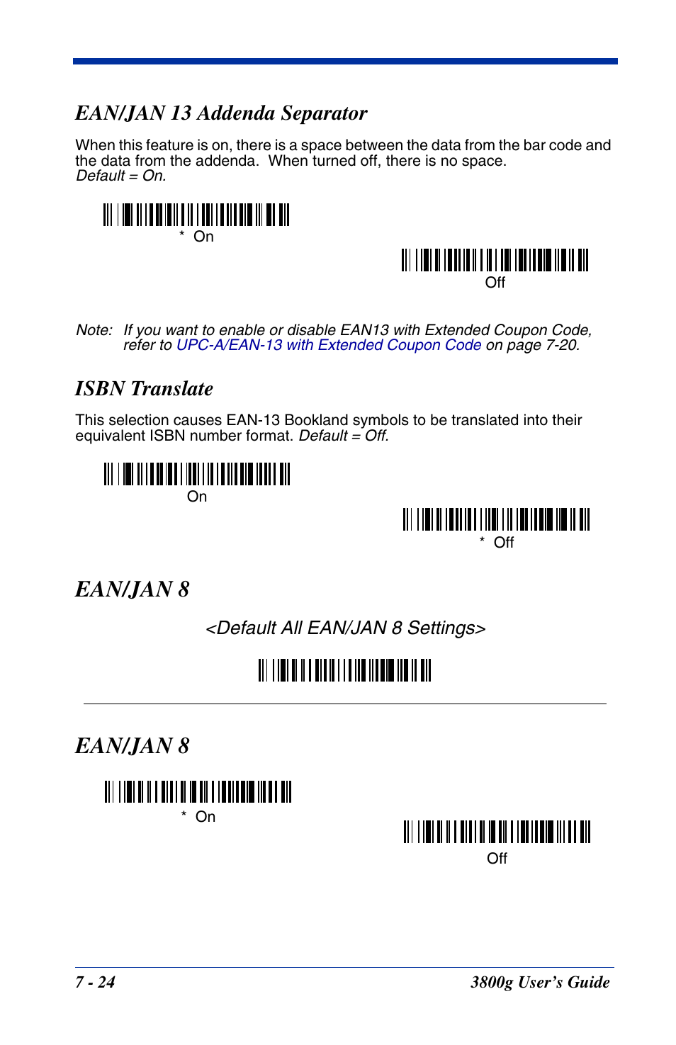 Ean/jan 13 addenda separator, Isbn translate, Ean/jan 8 | Ean/jan 8 -24 | Hand Held Products HANDHELD 3800G User Manual | Page 84 / 144