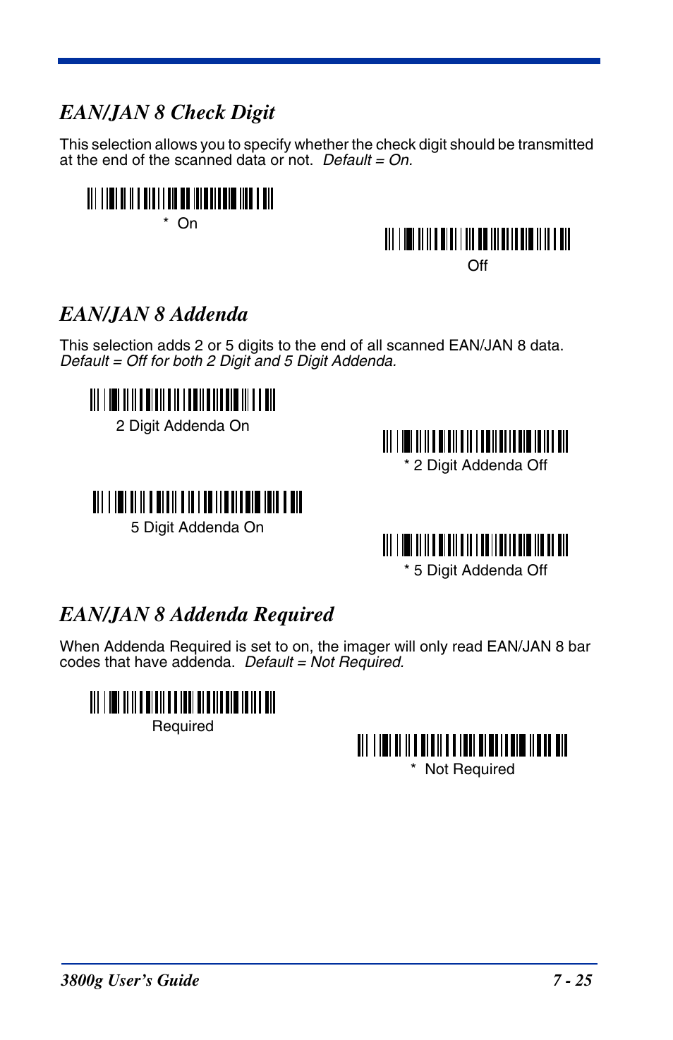Ean/jan 8 check digit, Ean/jan 8 addenda, Ean/jan 8 addenda required | Hand Held Products HANDHELD 3800G User Manual | Page 85 / 144