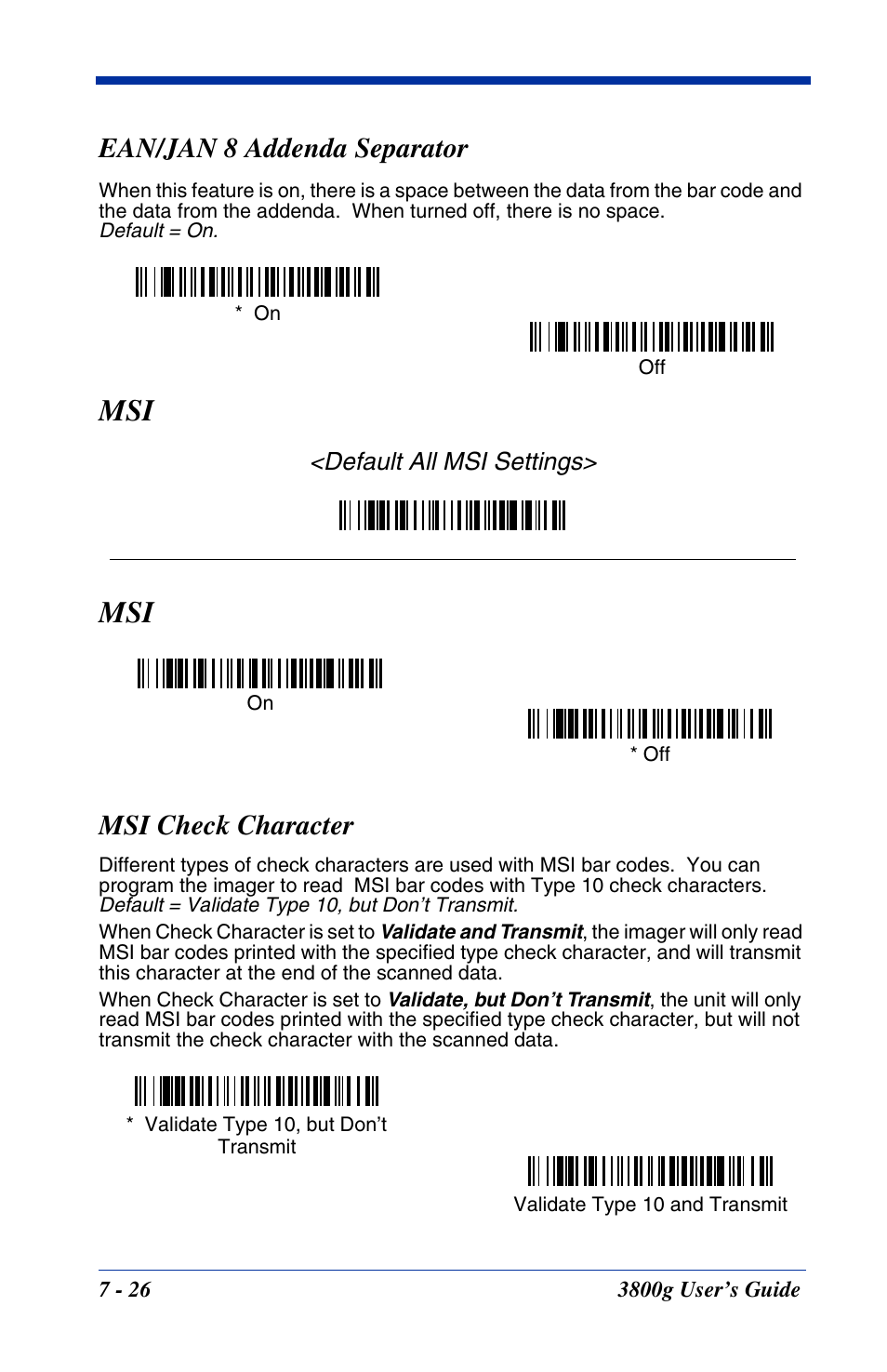 Ean/jan 8 addenda separator, Msi check character, Ean/jan 8 addenda separator -26 | Msi -26, Msi check character -26, Default all msi settings | Hand Held Products HANDHELD 3800G User Manual | Page 86 / 144