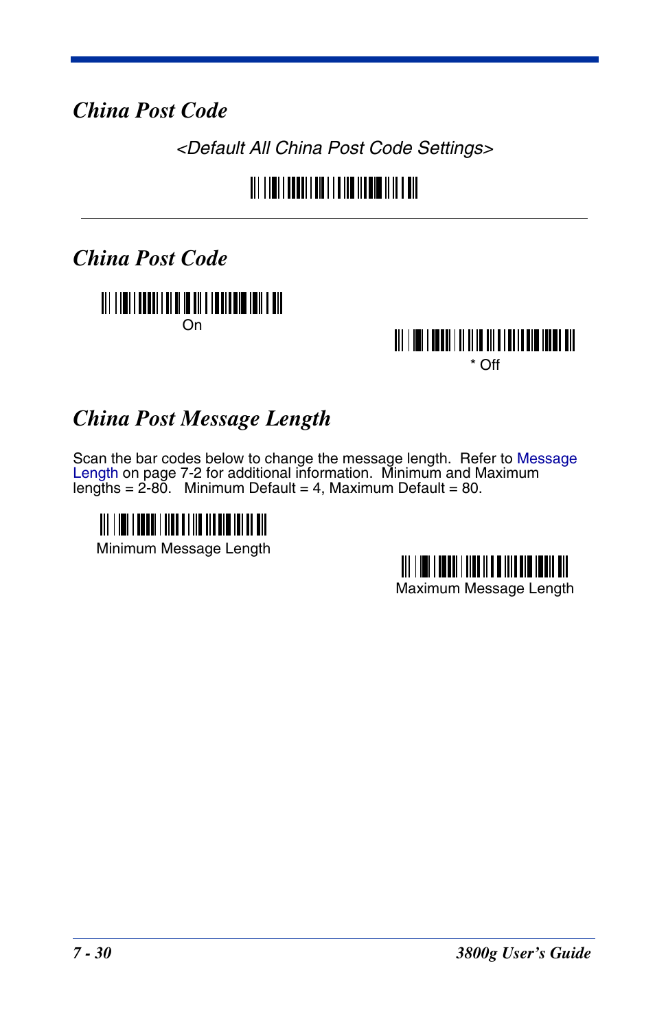 China post code, China post code -30, China post code china post message length | Hand Held Products HANDHELD 3800G User Manual | Page 90 / 144