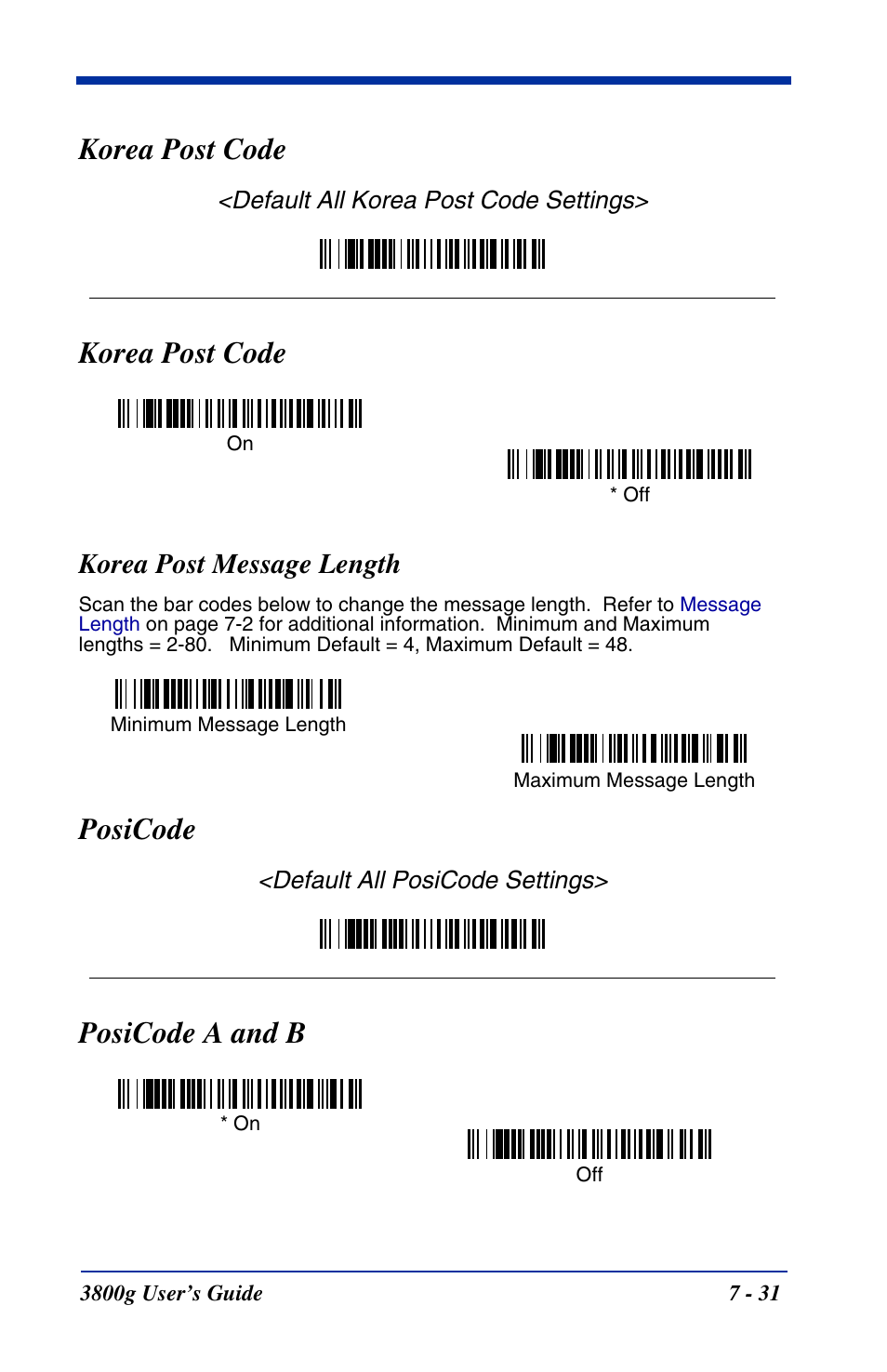 Korea post code, Korea post message length, Posicode a and b | Korea post code -31, Korea post message length -31, Posicode a and b -31, Posicode | Hand Held Products HANDHELD 3800G User Manual | Page 91 / 144
