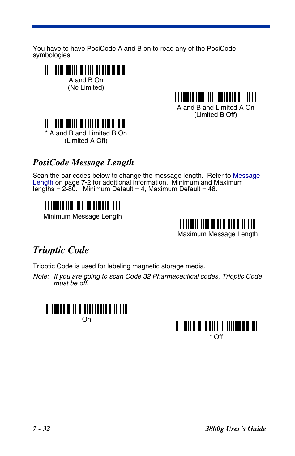 Posicode message length, Posicode message length -32, Trioptic code | Hand Held Products HANDHELD 3800G User Manual | Page 92 / 144