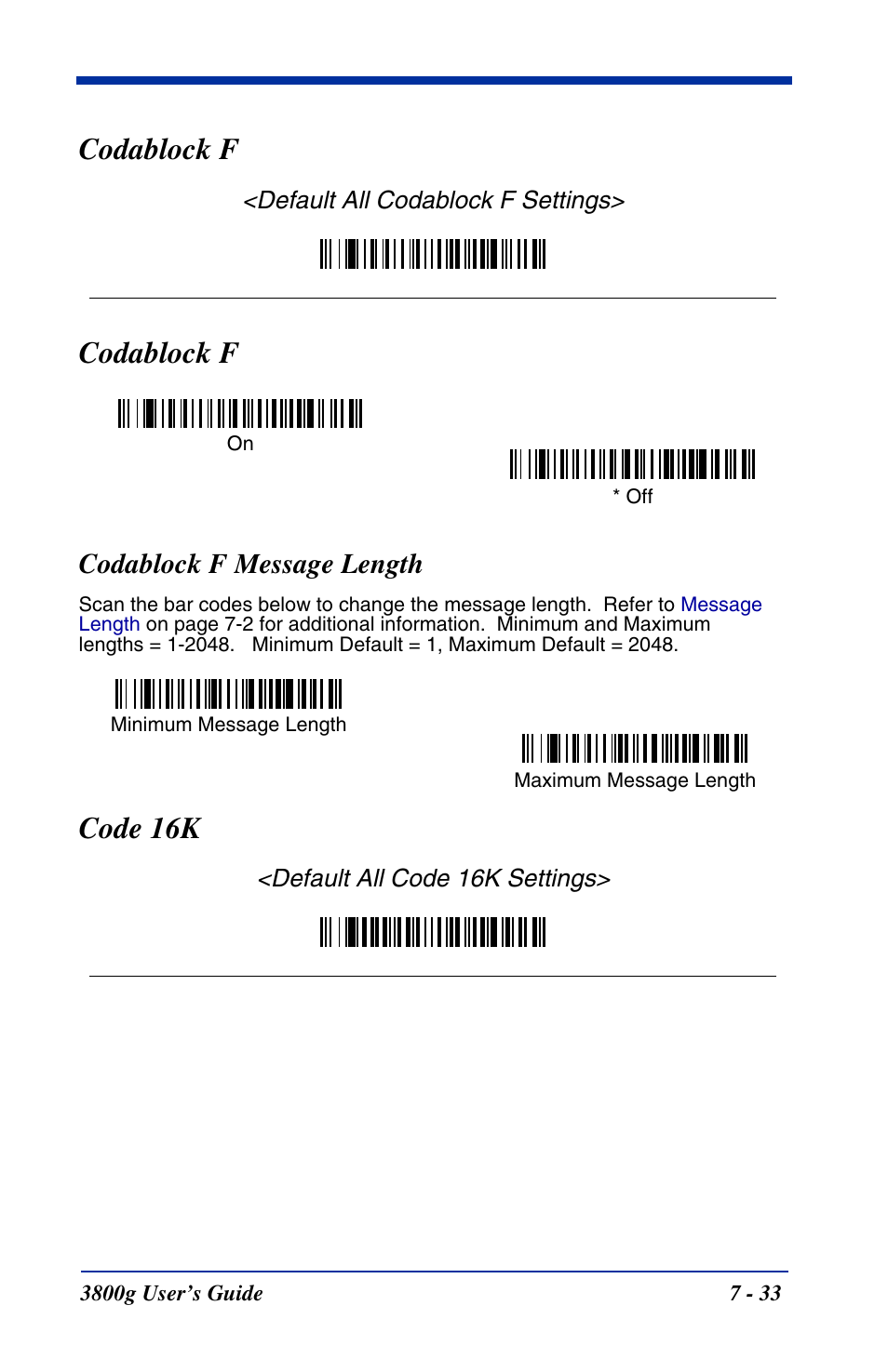 Codablock f, Codablock f message length, Codablock f -33 | Codablock f message length -33, Code 16k | Hand Held Products HANDHELD 3800G User Manual | Page 93 / 144