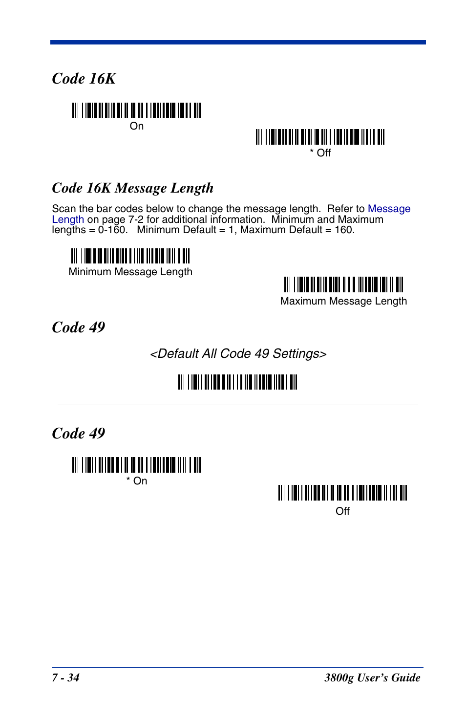 Code 16k, Code 16k message length, Code 49 | Code 16k -34, Code 16k message length -34, Code 49 -34 | Hand Held Products HANDHELD 3800G User Manual | Page 94 / 144