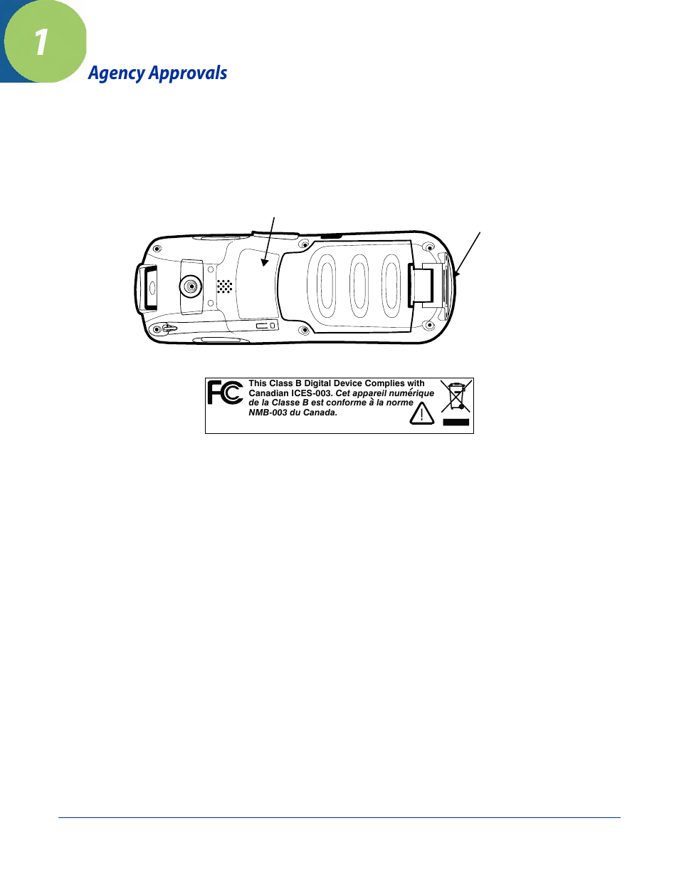 Agency approvals, Label locations, Chapter 1 - agency approvals | Label locations -1 | Hand Held Products DOLPHIN 7600 User Manual | Page 7 / 102
