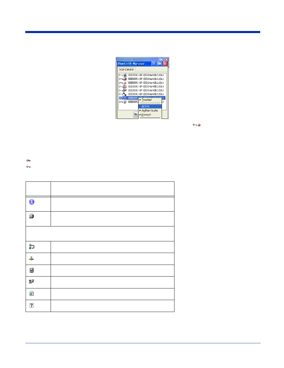 Scan device window, Icons on this window mean, see | Hand Held Products DOLPHIN 7600 User Manual | Page 76 / 102