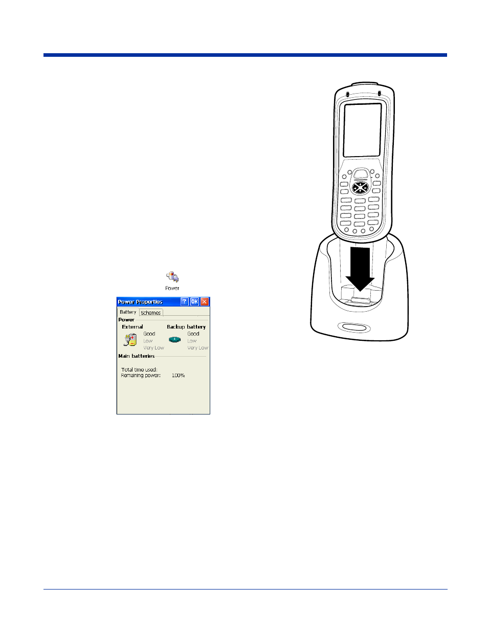 Charging the main battery, Inserting a terminal, Checking battery power | Charging the main battery -4 | Hand Held Products DOLPHIN 7600 User Manual | Page 82 / 102