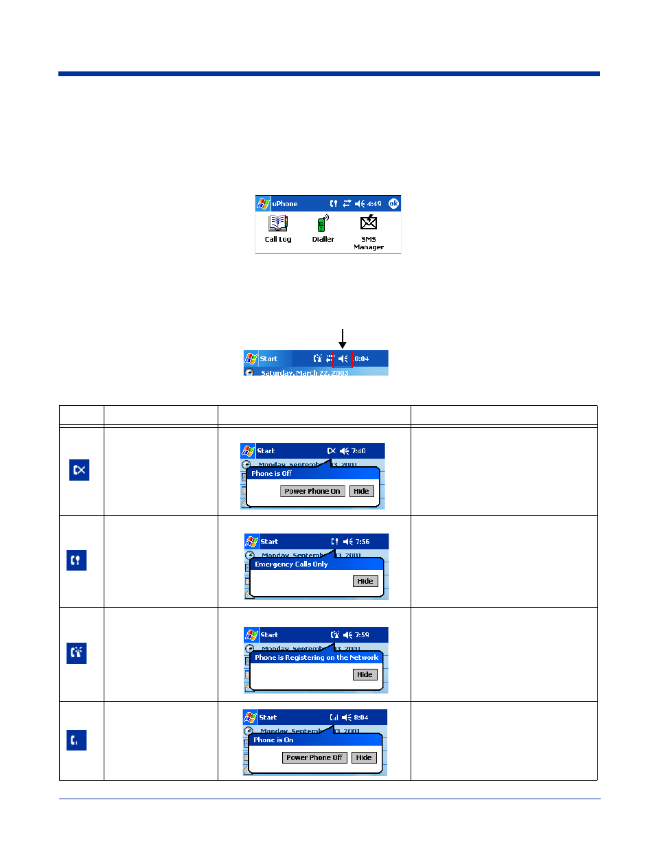 Accessing uphone, Navigation bar, Status icons and bubble messages | Hand Held Products 9500 User Manual | Page 173 / 276