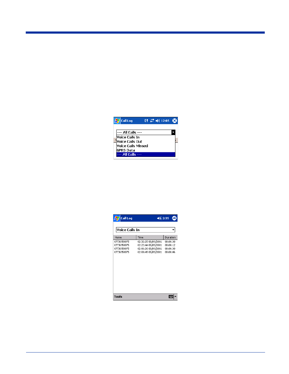 Call log, Call log -13, Call log options | Opening the call log | Hand Held Products 9500 User Manual | Page 183 / 276