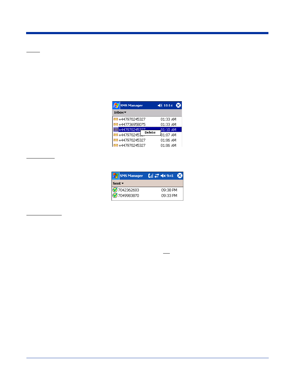 Sending an sms message, Sending an sms message -16, Inbox | Sent folder, Outbox folder | Hand Held Products 9500 User Manual | Page 186 / 276