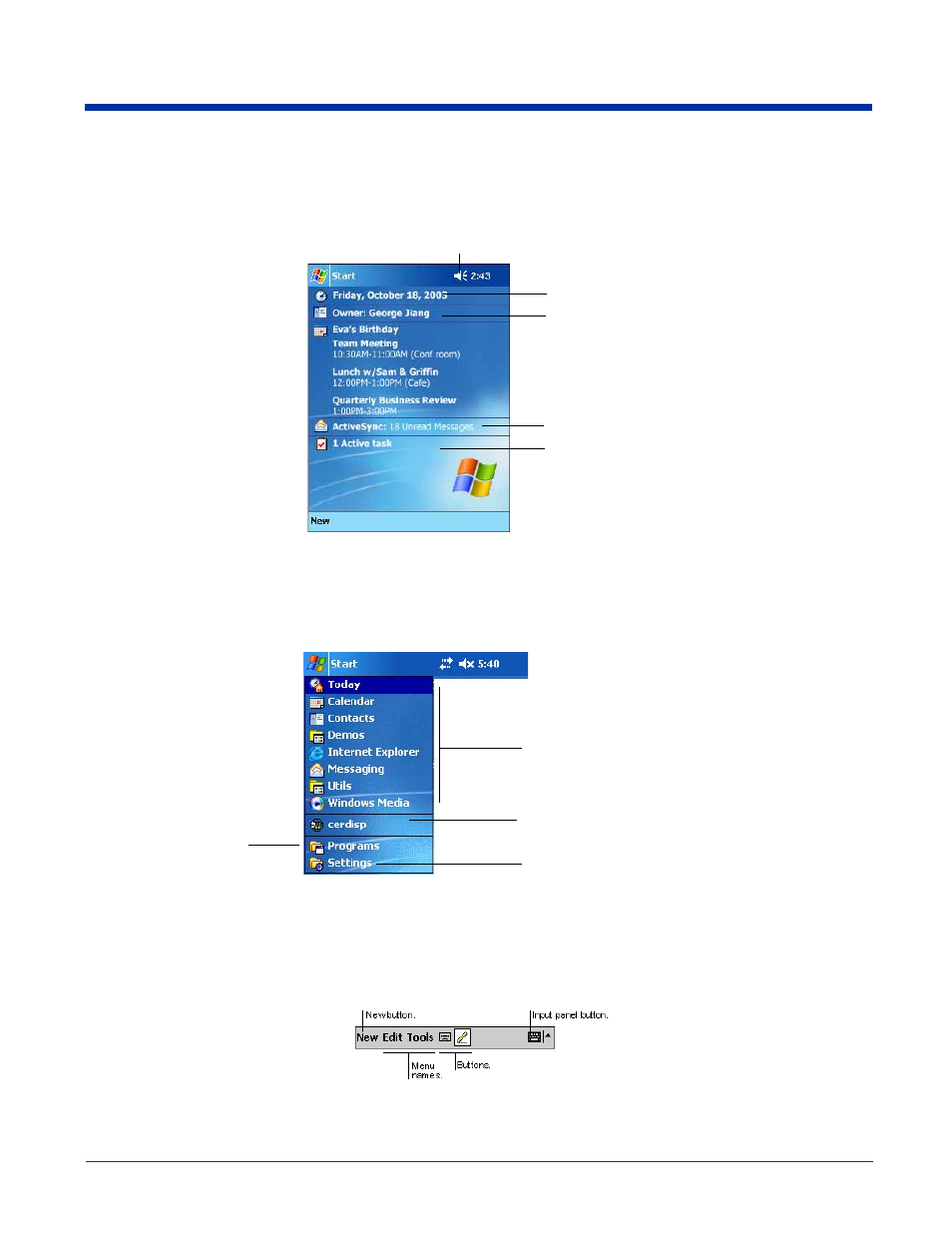 Today screen, Navigation bar and start menu, Today screen -2 navigation bar and start menu -2 | Command bar | Hand Held Products 9500 User Manual | Page 46 / 276