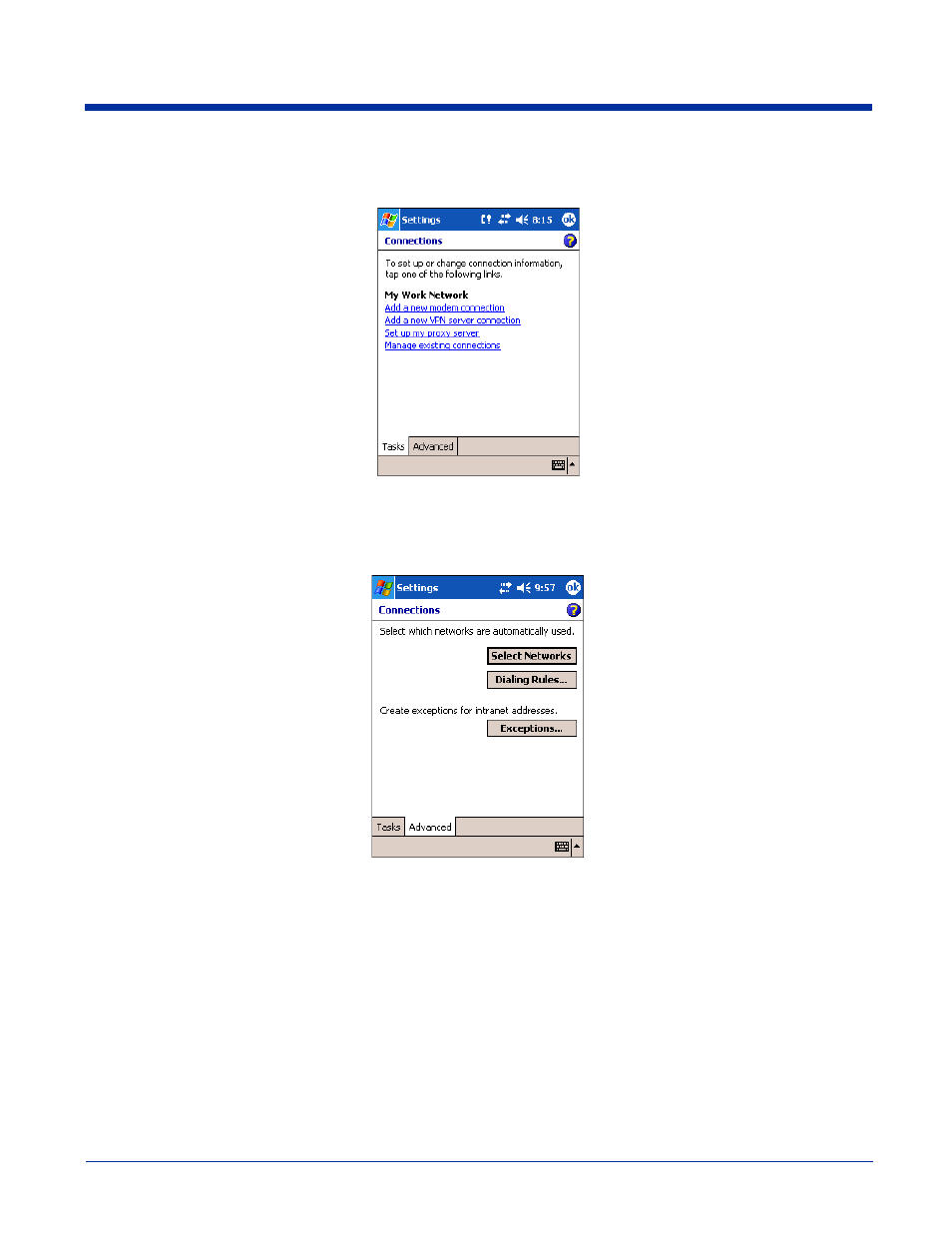 Accessing the connections manager, Creating an external modem connection to an isp | Hand Held Products 9500 User Manual | Page 84 / 276