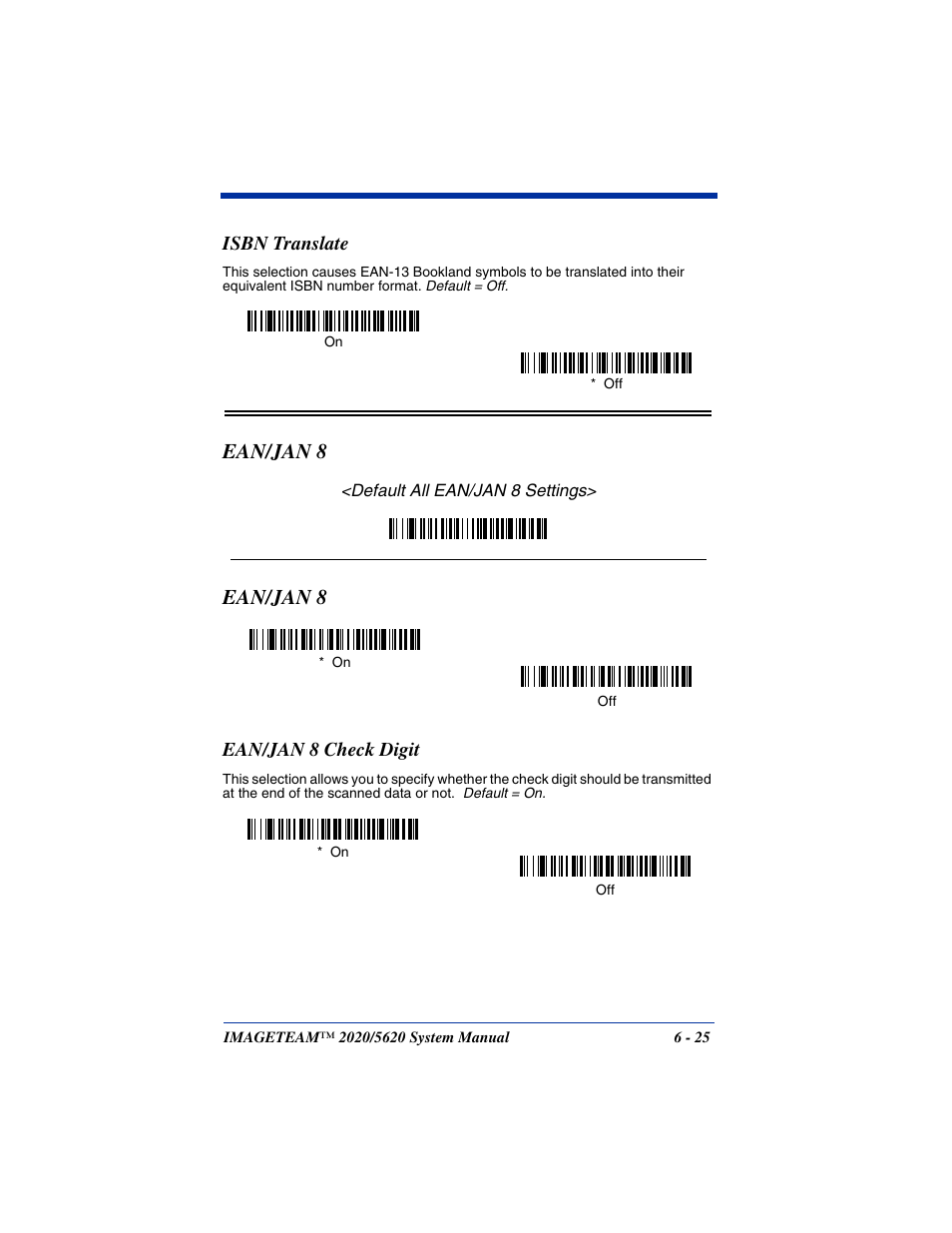 Isbn translate, Ean/jan 8, Ean/jan 8 check digit | Isbn translate -25, Ean/jan 8 -25, Ean/jan 8 check digit -25 | Hand Held Products 5620 User Manual | Page 103 / 168