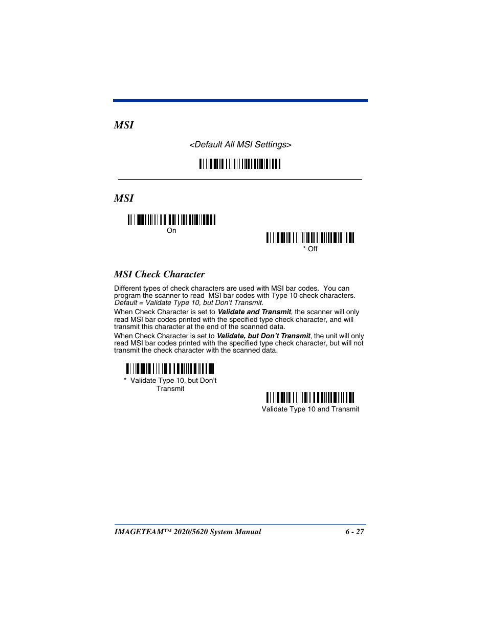 Msi check character, Msi -27, Msi check character -27 | Hand Held Products 5620 User Manual | Page 105 / 168