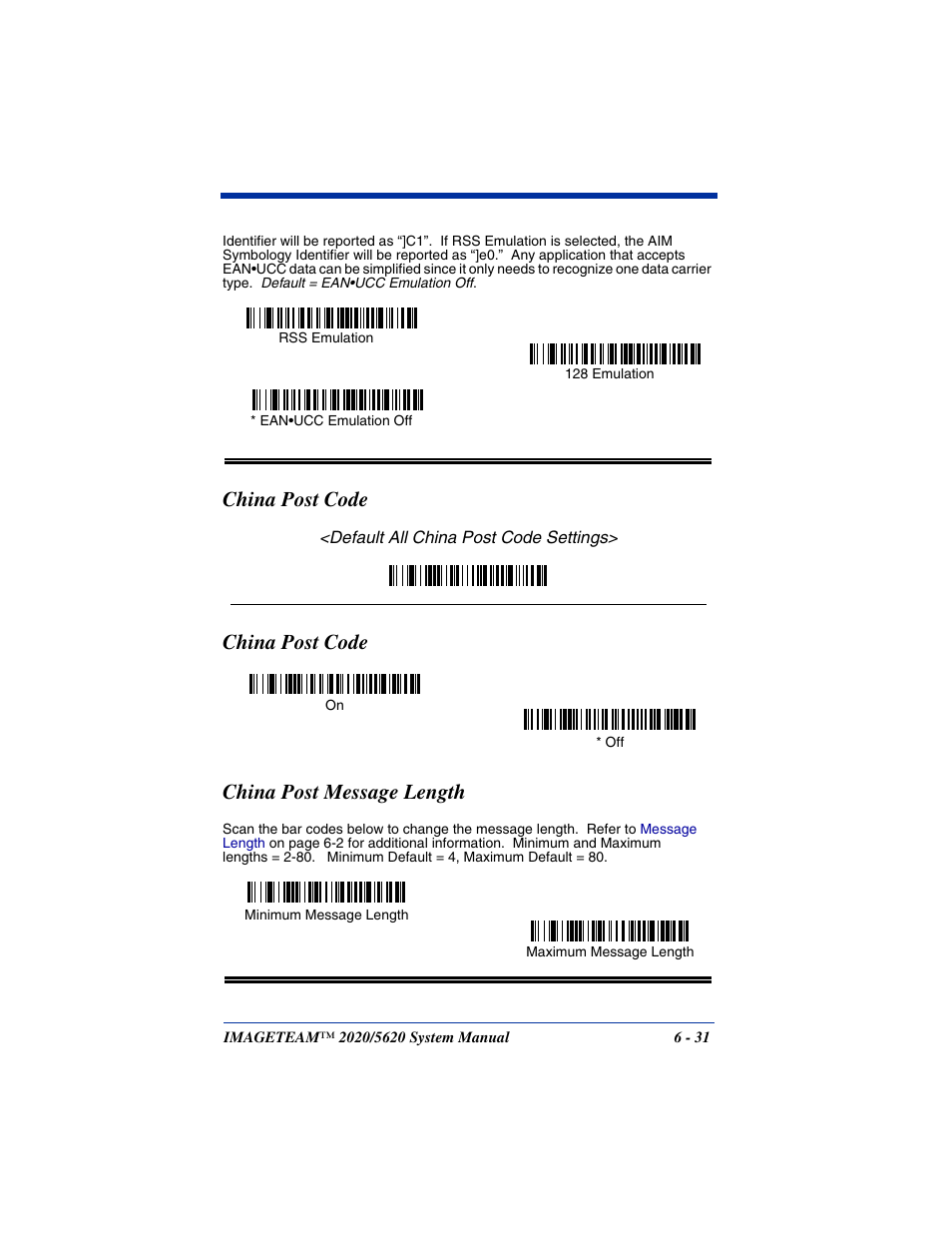 China post code, China post code -31, China post code china post message length | Hand Held Products 5620 User Manual | Page 109 / 168