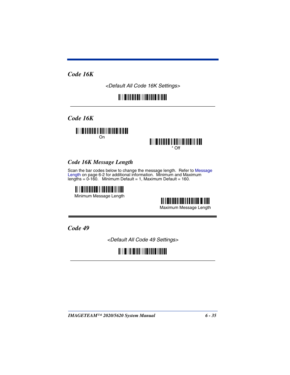 Code 16k, Code 16k message length, Code 16k -35 | Code 16k message length -35, Code 49 | Hand Held Products 5620 User Manual | Page 113 / 168