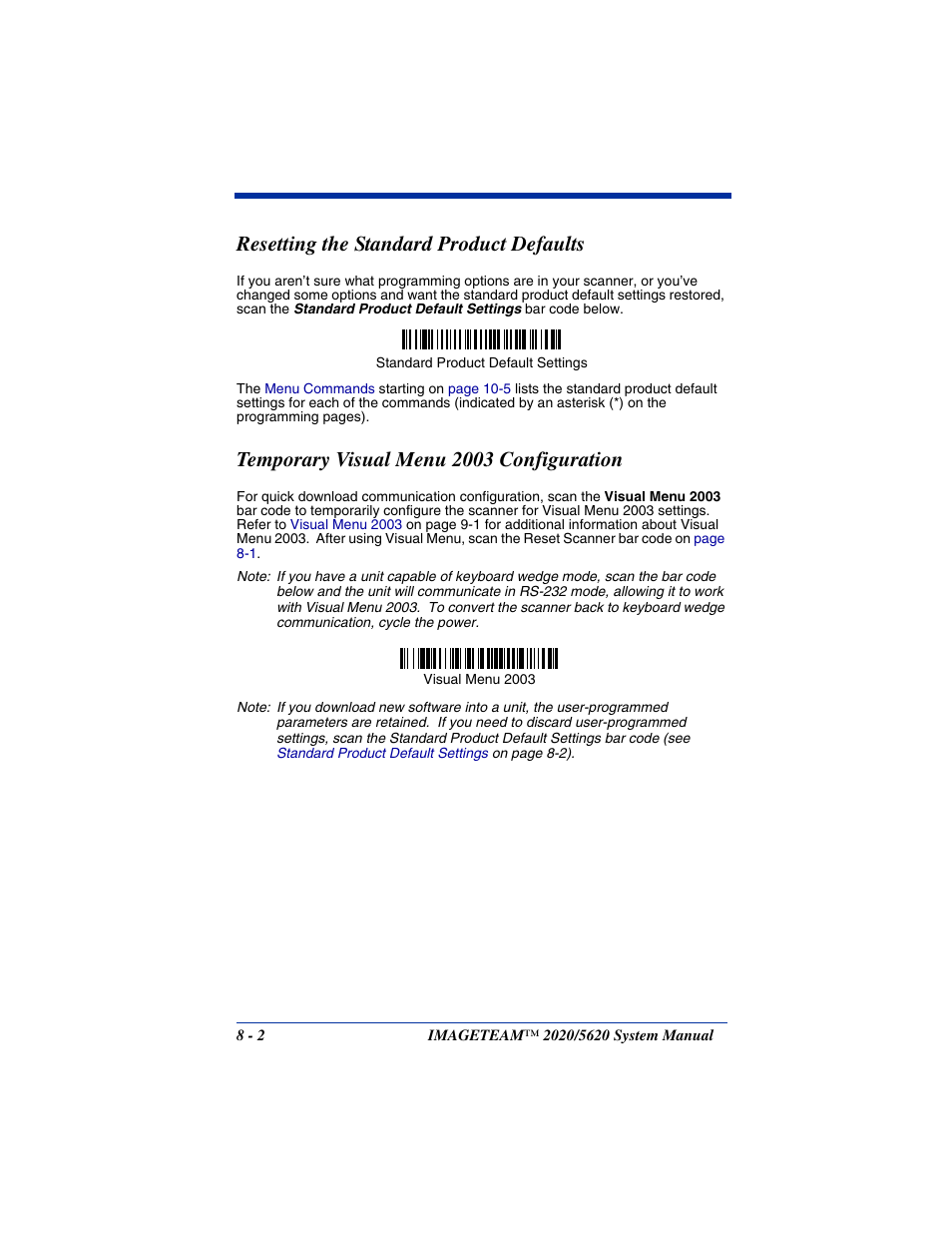 Resetting the standard product defaults, Temporary visual menu 2003 configuration, Resetting the standard product defaults -2 | Temporary visual menu 2003 configuration -2 | Hand Held Products 5620 User Manual | Page 122 / 168