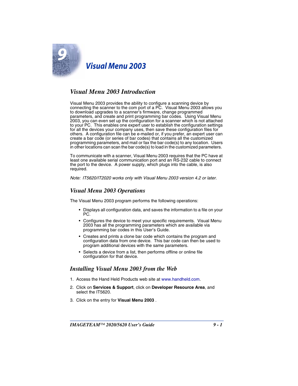 Visual menu 2003, Visual menu 2003 introduction, Installing visual menu 2003 from the web | Chapter 9 - visual menu 2003, Visual menu 2003 introduction -1, Installing visual menu 2003 from the web -1, Refer to | Hand Held Products 5620 User Manual | Page 123 / 168