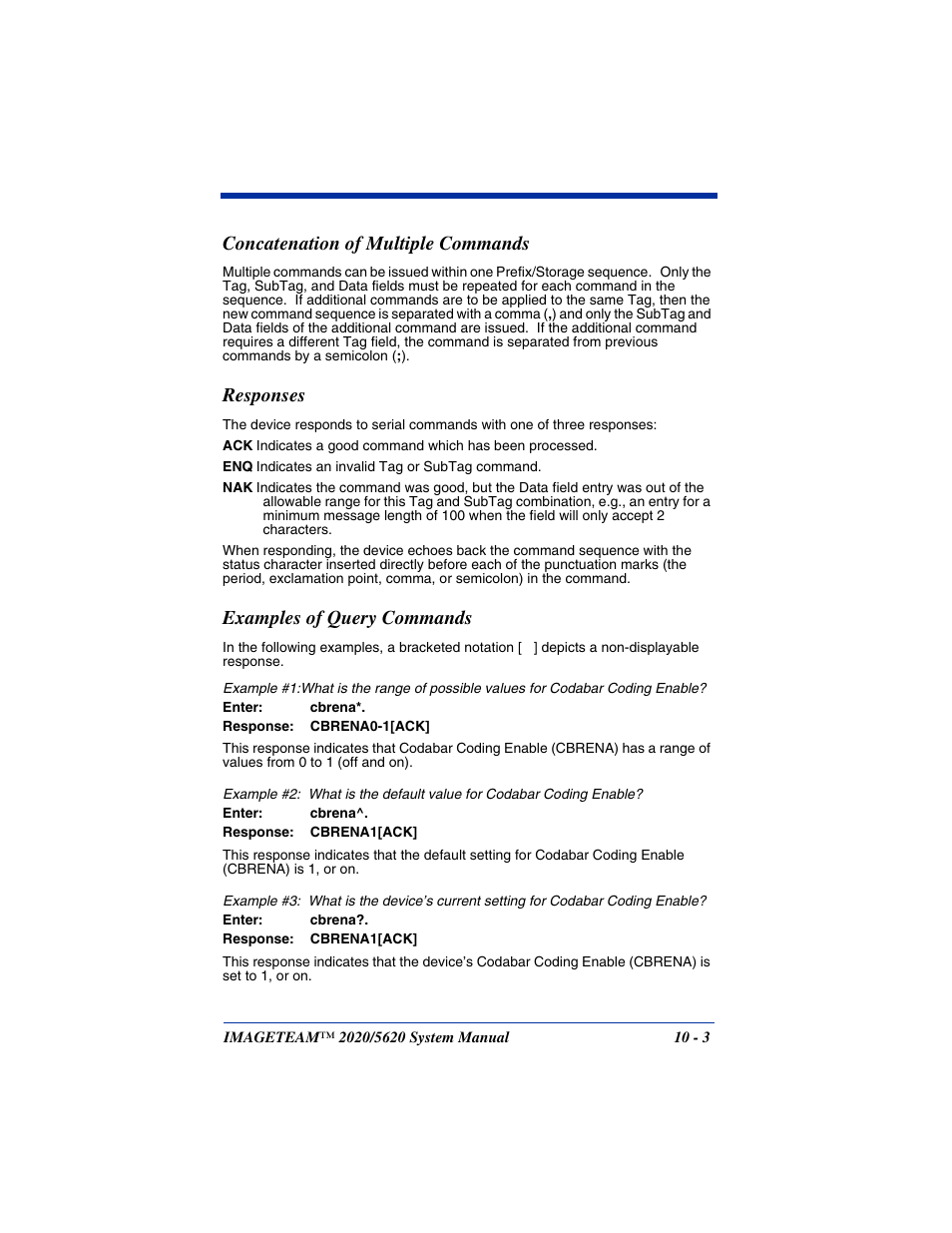 Concatenation of multiple commands, Responses, Examples of query commands | Hand Held Products 5620 User Manual | Page 127 / 168