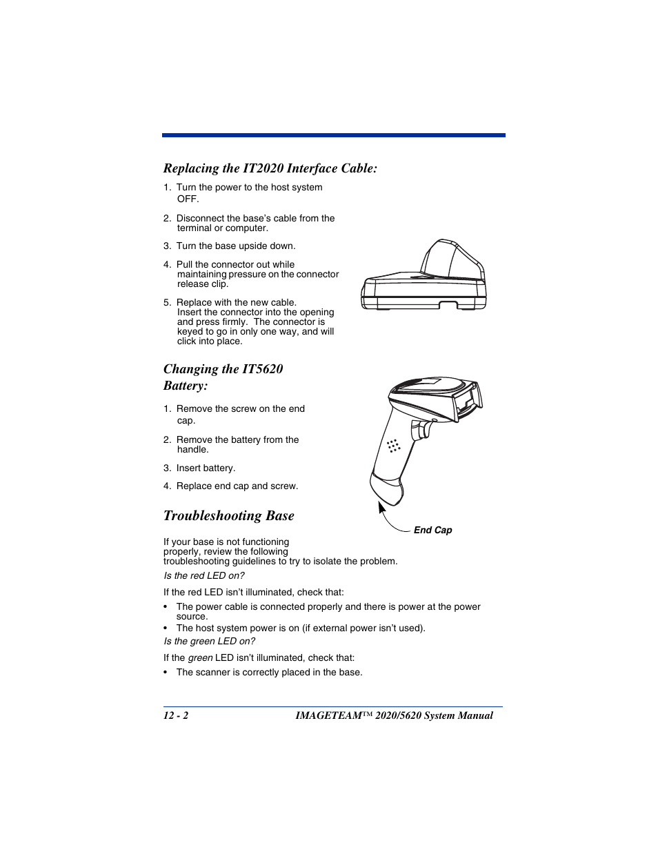 Replacing the it2020 interface cable, Troubleshooting base, Replacing the it2020 interface cable: -2 | Troubleshooting base -2, Changing the it5620 battery | Hand Held Products 5620 User Manual | Page 152 / 168