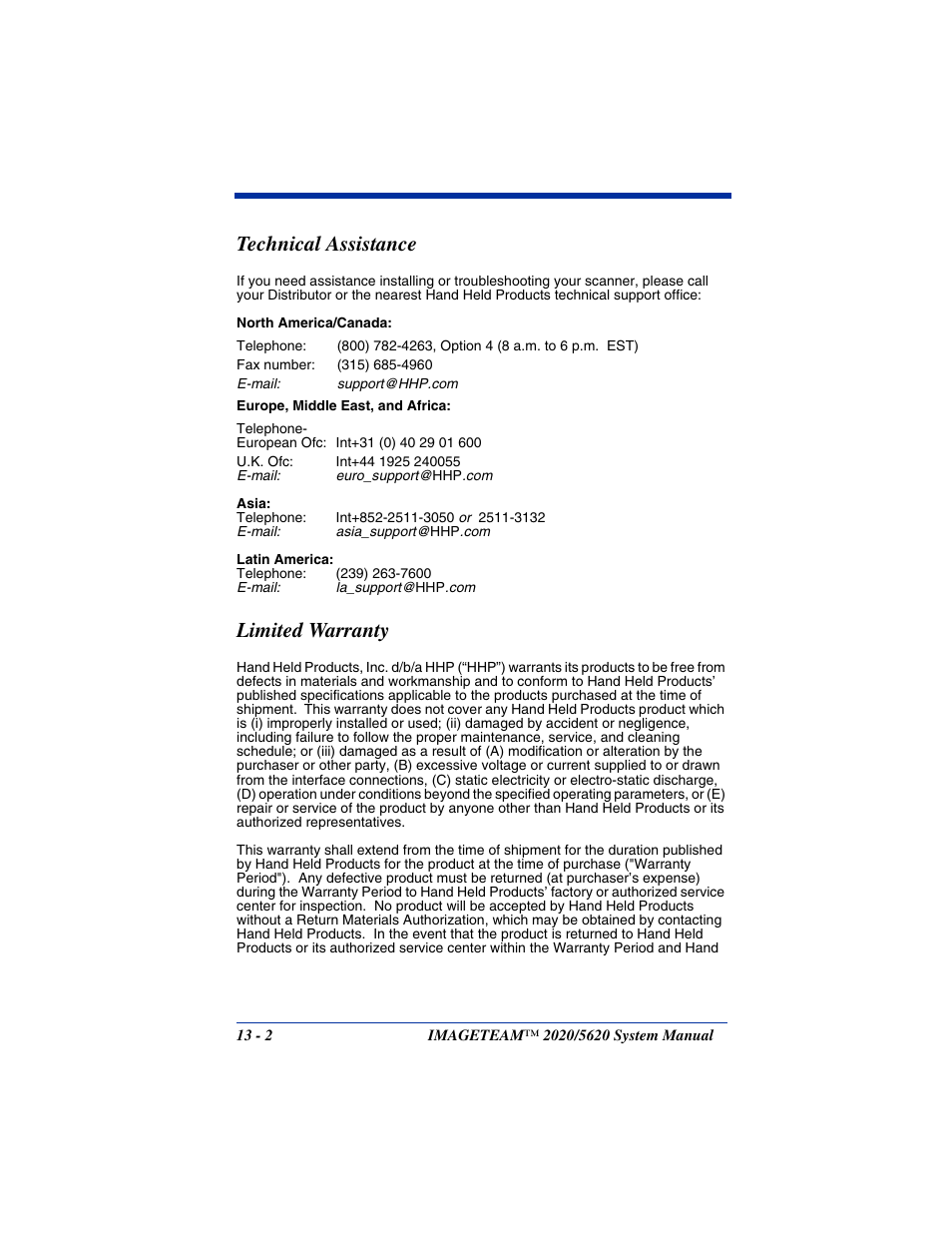 Technical assistance, Limited warranty, Technical assistance -2 limited warranty -2 | Hand Held Products 5620 User Manual | Page 156 / 168