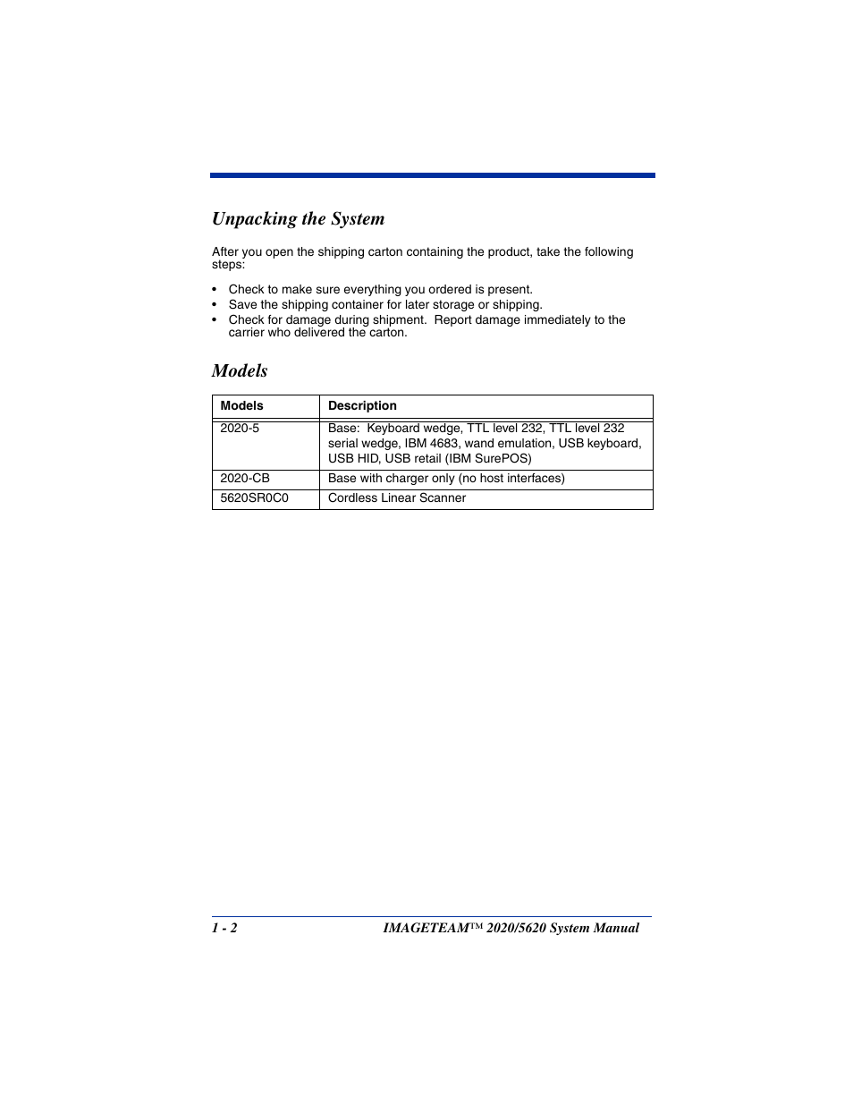 Unpacking the system, Models, Unpacking the system -2 models -2 | Hand Held Products 5620 User Manual | Page 18 / 168