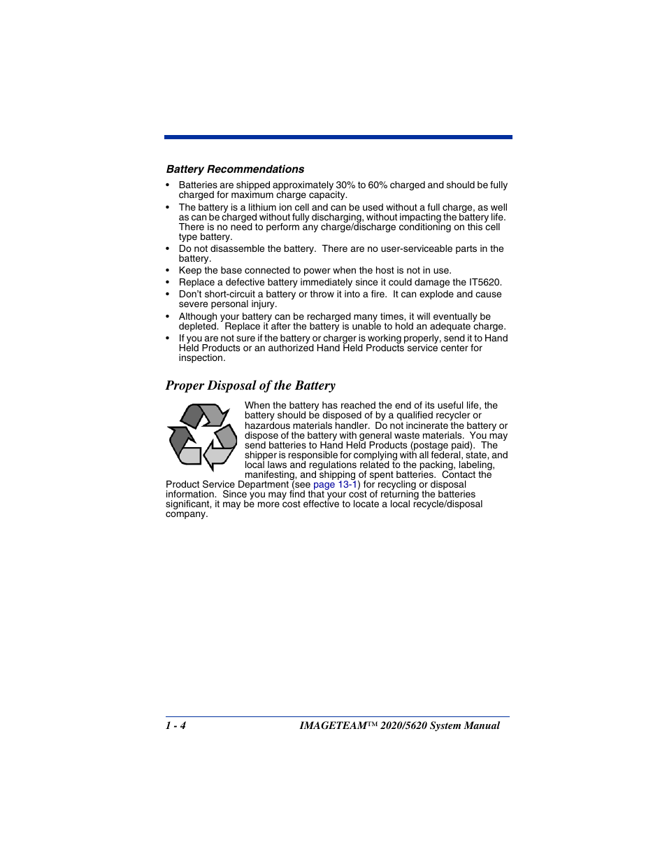 Proper disposal of the battery, Proper disposal of the battery -4 | Hand Held Products 5620 User Manual | Page 20 / 168