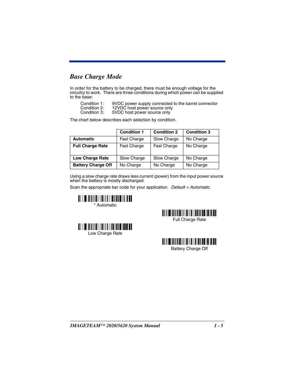 Base charge mode, Base charge mode -5 | Hand Held Products 5620 User Manual | Page 21 / 168