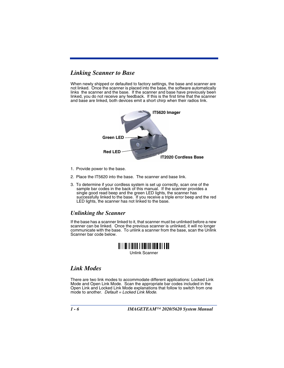 Linking scanner to base, Unlinking the scanner, Link modes | Linking scanner to base -6, Unlinking the scanner -6, Link modes -6 | Hand Held Products 5620 User Manual | Page 22 / 168