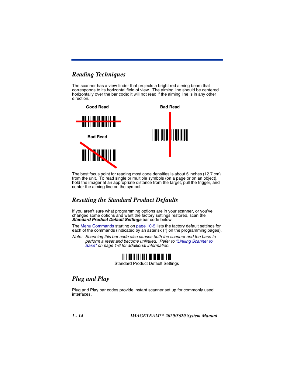 Reading techniques, Resetting the standard product defaults, Plug and play | Hand Held Products 5620 User Manual | Page 30 / 168