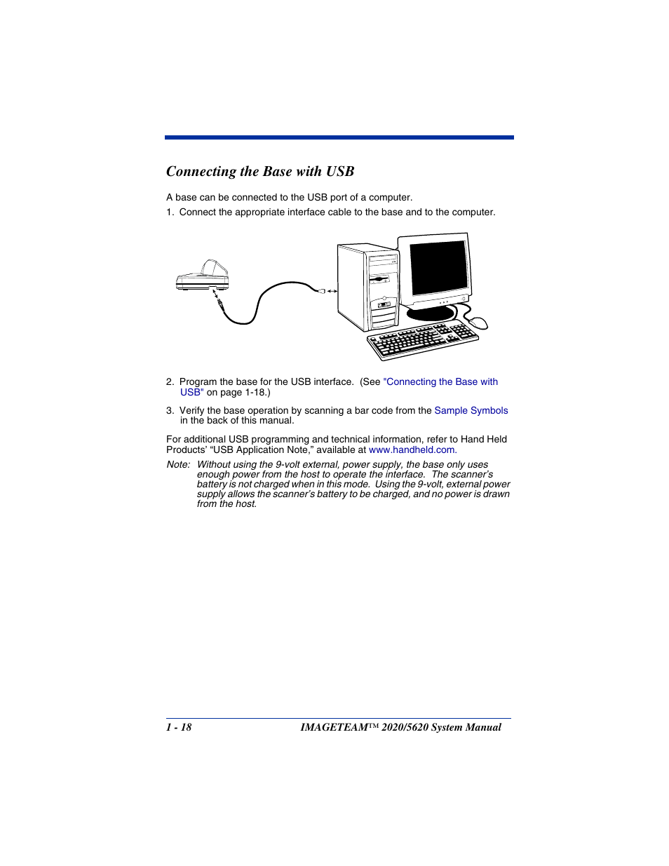 Connecting the base with usb, Connecting the base with usb -18 | Hand Held Products 5620 User Manual | Page 34 / 168