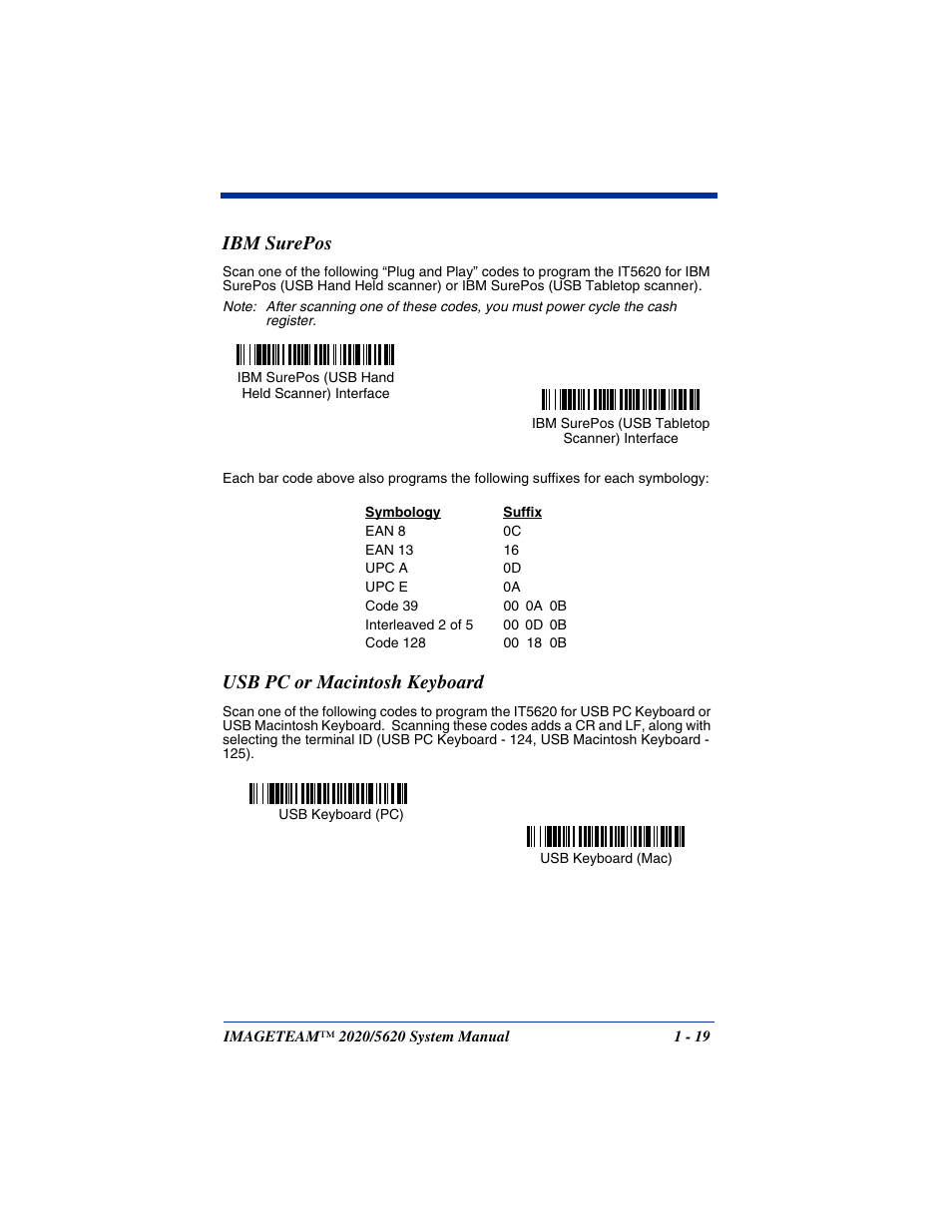 Usb pc or macintosh keyboard, Ibm surepos -19 usb pc or macintosh keyboard -19, Ibm surepos | Hand Held Products 5620 User Manual | Page 35 / 168