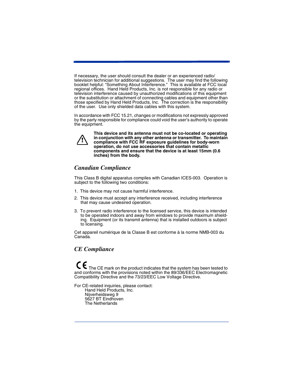 Canadian compliance, Ce compliance | Hand Held Products 5620 User Manual | Page 4 / 168