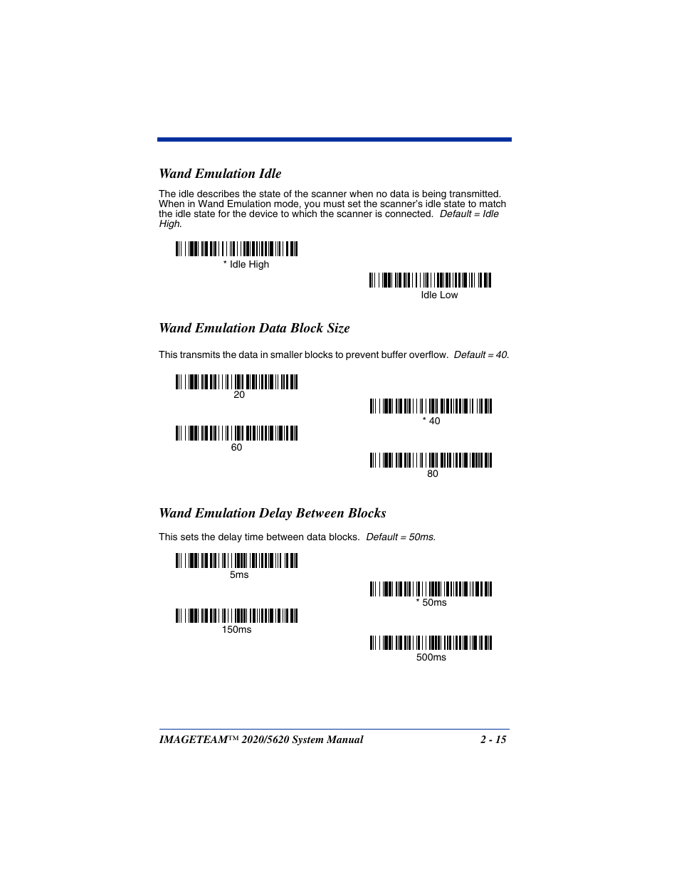 Wand emulation idle, Wand emulation data block size, Wand emulation delay between blocks | Hand Held Products 5620 User Manual | Page 53 / 168