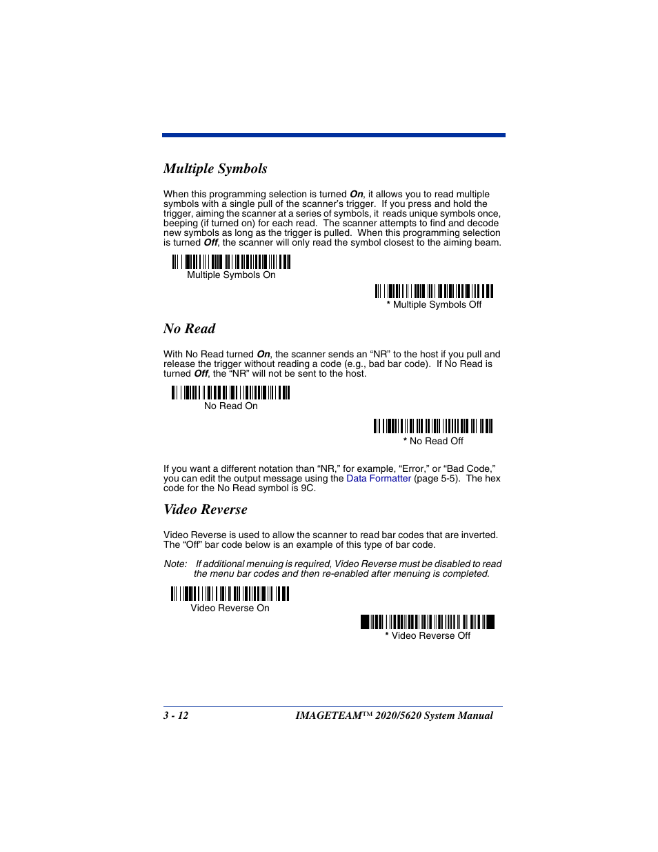 Multiple symbols, No read, Video reverse | Multiple symbols -12 no read -12 video reverse -12 | Hand Held Products 5620 User Manual | Page 66 / 168