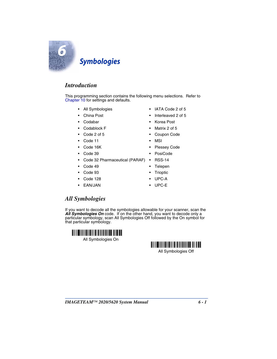Symbologies, Introduction, All symbologies | Chapter 6 - symbologies, Introduction -1 all symbologies -1 | Hand Held Products 5620 User Manual | Page 79 / 168