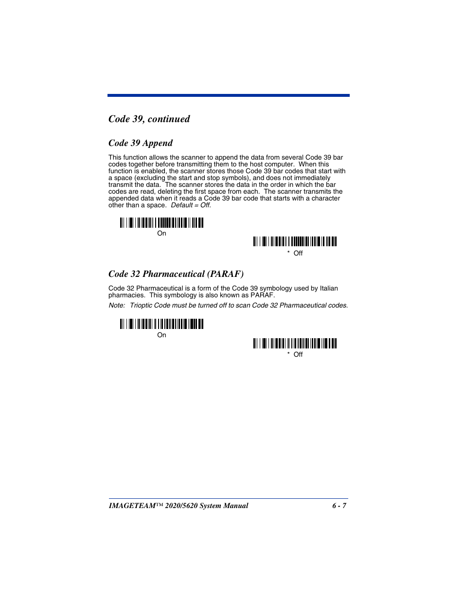 Code 39 append, Code 32 pharmaceutical (paraf), Code 39, continued | Hand Held Products 5620 User Manual | Page 85 / 168